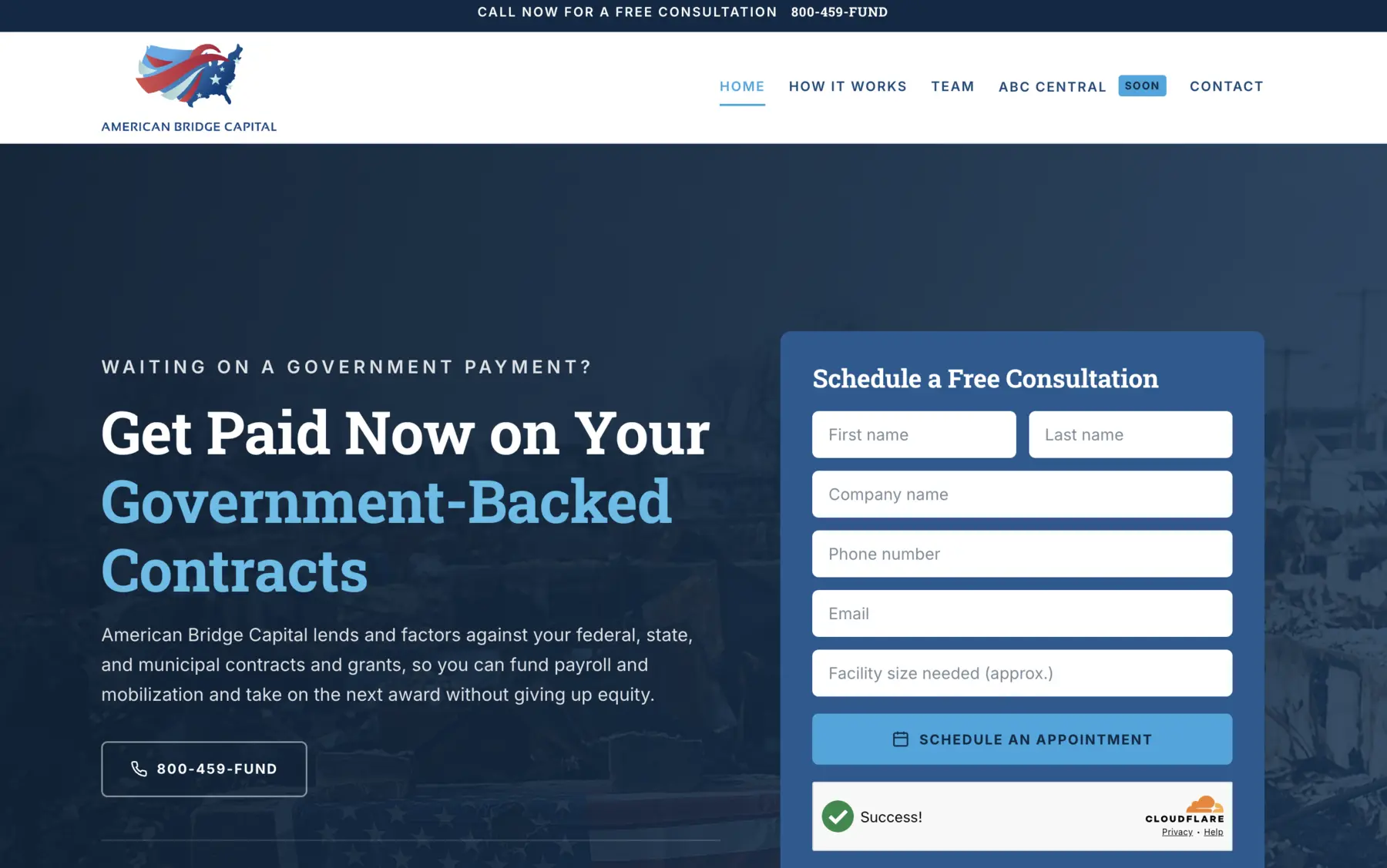 American Bridge Capital website with government contract financing message and consultation form
