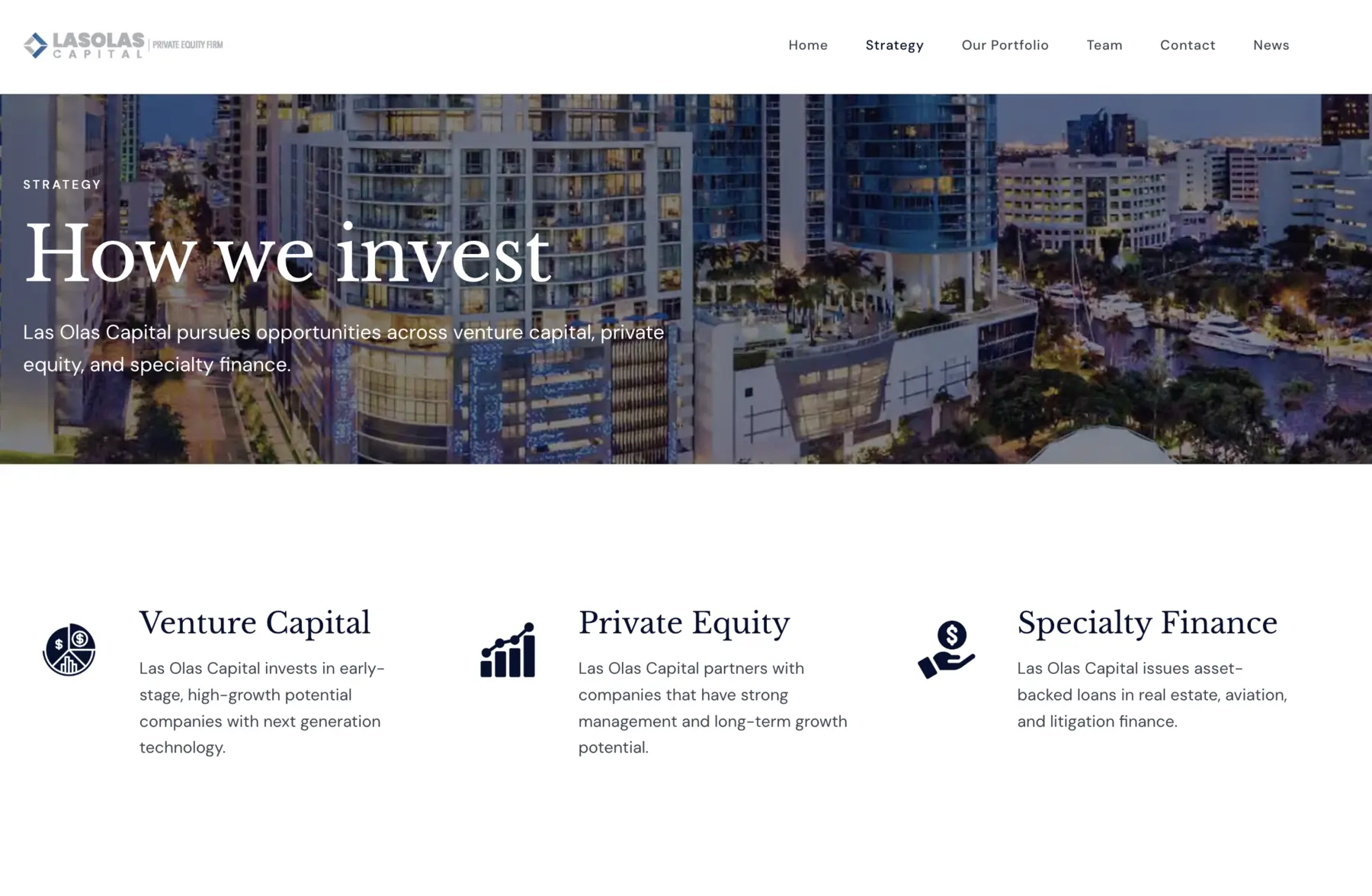 Las Olas Capital website strategy page featuring its venture capital, private equity, and specialty finance focus