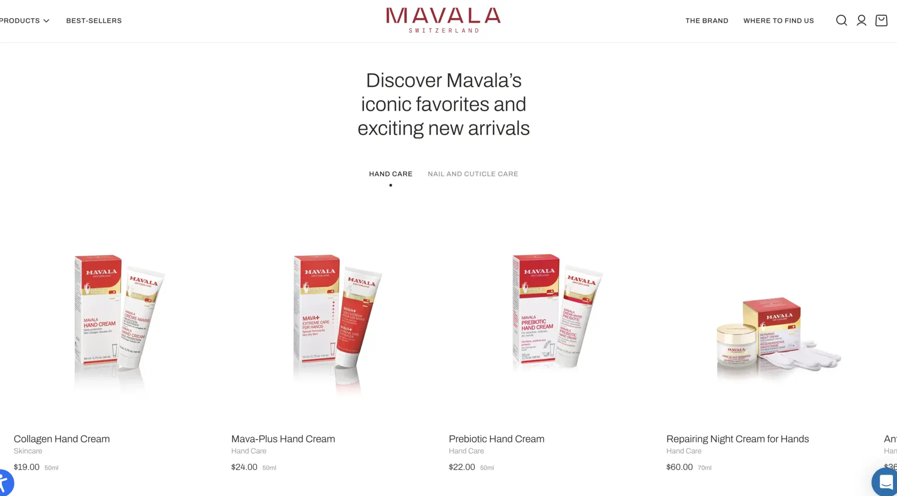 Mavala USA ecommerce collection page featuring hand care products