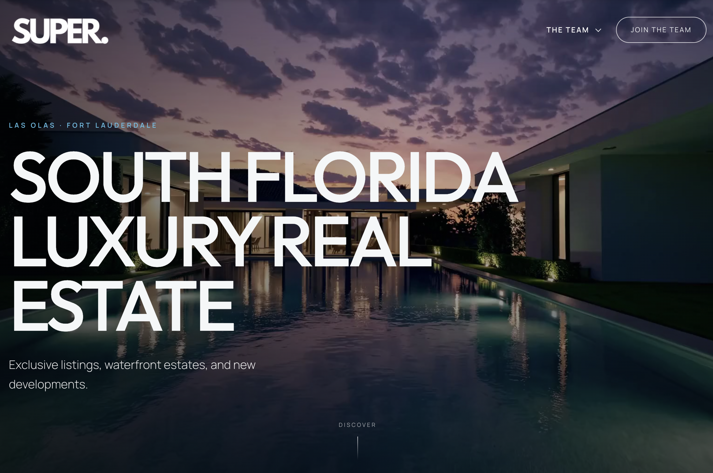 Las Olas Realtors website preview featuring South Florida luxury real estate and a poolside home at sunset