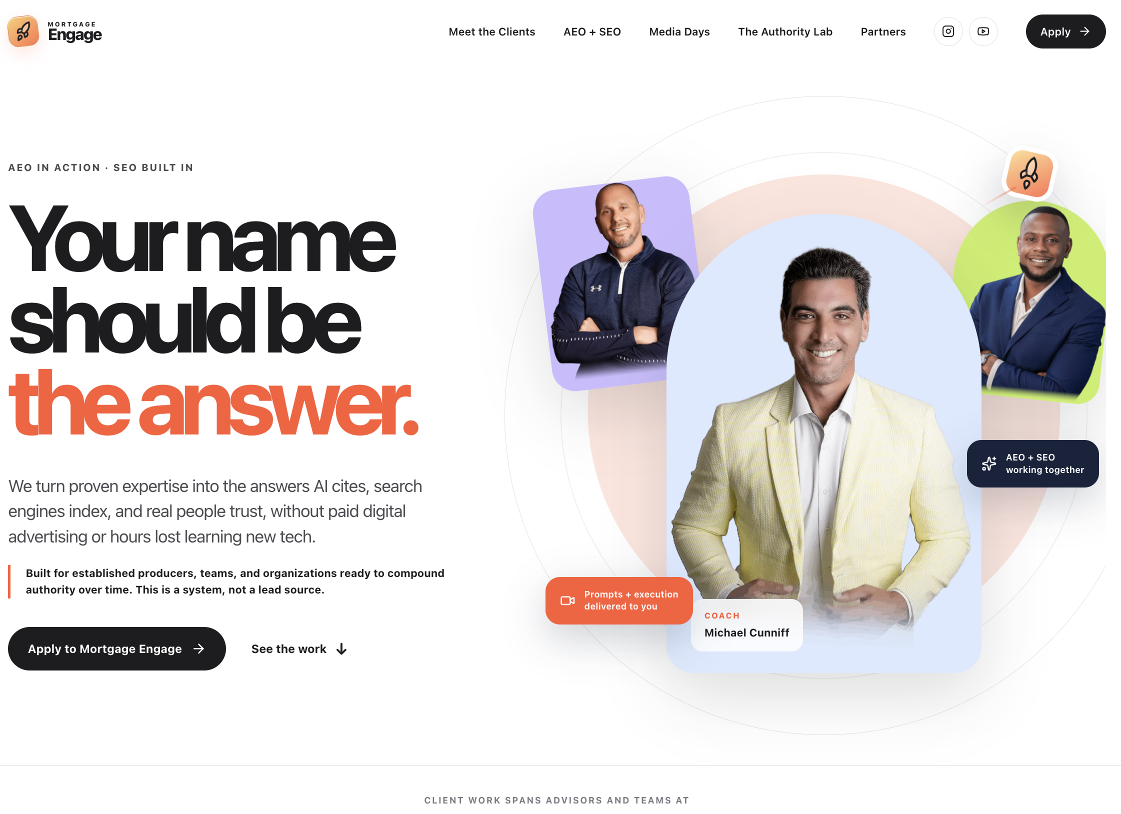 MortgageEngage website preview featuring Your name should be the answer and portraits of mortgage professionals