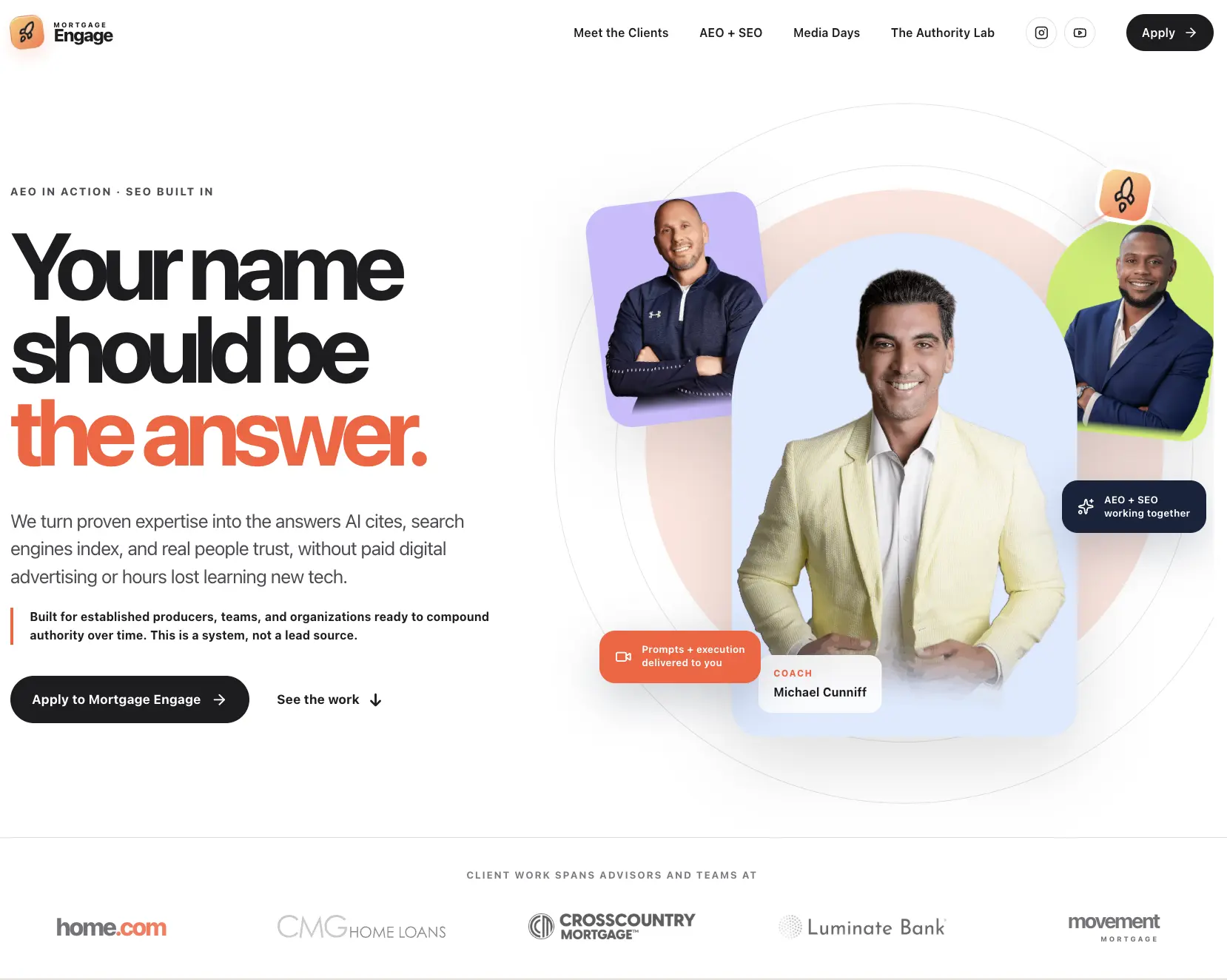 MortgageEngage website title image featuring its authority platform and clients