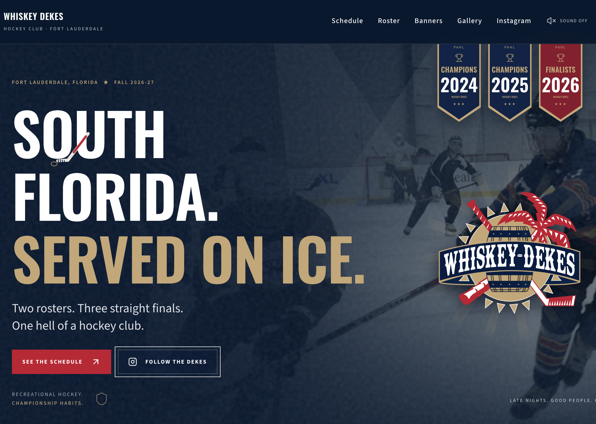 Whiskey Dekes Hockey Club website preview featuring South Florida Served on Ice, championship banners, and the team logo